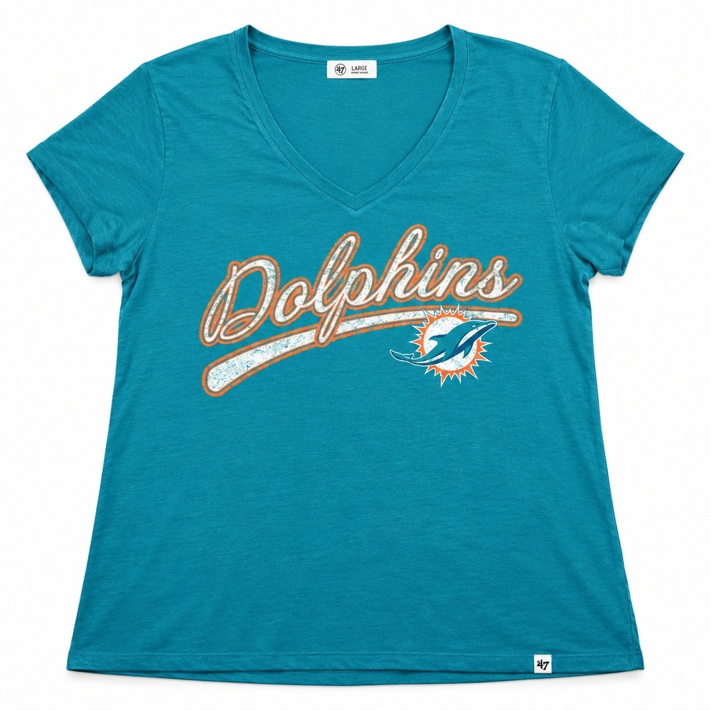 '47 Miami Dolphins Womens V-Neck T-Shirt Large Oceanic Teal Graphic Tee NWT